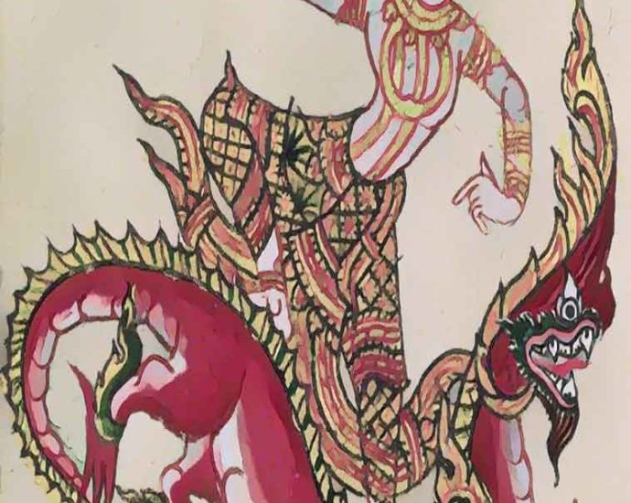 Traditional dancer riding red dragon illustration