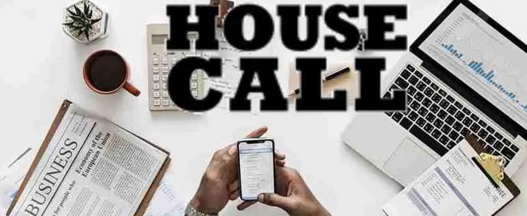 House call text over office desk workspace